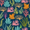 Seaweed seamless pattern. Sea plants marine vector endless texture