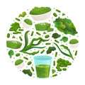 Seaweed Spirulina Round Composition Design with Green Superfood Vector Template