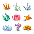 Seaweeds aquarium decoration cartoon vector set for video game