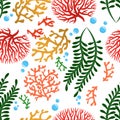 Seaweeds and corals seamless pattern. Cartoon color underwater reef plants. Aquarium, ocean and undersea floral