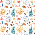 Seaworld watercolor background with cute turtle,seahorse,coral reef,seaweed