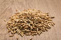 Rye cereal grain. Pile of grains on the wooden table. Selective