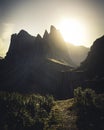 Seceda Mountain in Dolomites during Sunrise in Autumn