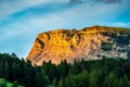 View of Mount Seceda from Ortisei at sunset. Val Gardena, Italy. Royalty Free Stock Photo