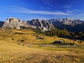 Autumn alpine landscape of Seceda - Odle Group in the Dolomites. South Tyrol, Italy. Royalty Free Stock Photo