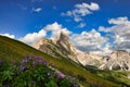 Seceda Mountain peak with green field, Italy, South Tyrol, Dolomites, St.Ulrich in Groeden, Val gardene Dolomites. View Royalty Free Stock Photo