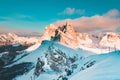 Seceda mountain peaks in the Dolomites at sunset in winter, South Tyrol, Italy