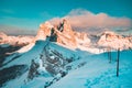 Seceda mountain peaks in the Dolomites at sunset in winter, South Tyrol, Italy