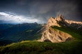 Seceda mountain peaks with rainbow, Suoth Tyrol, Dolomites, Italy,Europe Royalty Free Stock Photo