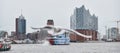 secenery of Hamburg harbour with a blurred seagull flying in front and the Elbphilharmonie and skyline in the background