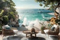 Secluded Beach Cove with Natural Rock Formations and Luxurious Seating Area Royalty Free Stock Photo