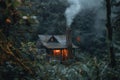 Secluded cabin amidst the misty forest