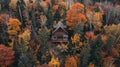 Secluded cabin in autumn forest with vibrant foliage