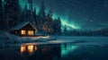 A secluded cabin on the edge of a frozen lake offering a magical view of the Aurora Borealis reflected in the glimmering