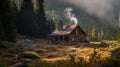 A secluded cabin engulfed in the ethereal beauty of nature, with wisps of smoke elegantly billowing from its chimney