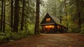 A secluded cabin lies nestled a towering evergreen trees its cozy interior promising a peaceful nights sleep in the