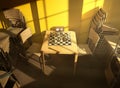 Secluded Chess Game Between Stacked Chairs