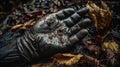 Ai Generative Abandoned hands in black leather glove lying on the ground covered with autumn leaves