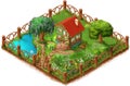 Secluded country house and blooming garden. Beautiful nature landscape cottage, trees, flowers and pond