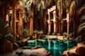 A secluded desert oasis, with a pristine pool of water surrounded by palm trees and ancient ruins