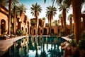 A secluded desert oasis, with a pristine pool of water surrounded by palm trees and ancient ruins