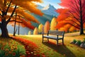 A secluded forest nook in autumn, where a wooden bench invites you to sit among the vibrant leaves and enjoy the peaceful