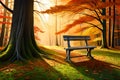 A secluded forest nook in autumn, where a wooden bench invites you to sit among the vibrant leaves and enjoy the peaceful