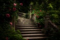 Secluded garden stairway with red roses