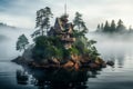 Secluded House island foggy lake. Generate Ai Royalty Free Stock Photo