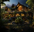 A secluded house nestled in the enchanting embrace of a moonlit forest. A house in the middle of a forest at night