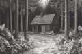 Secluded Log Cabin in Deep Forest Monochrome Pen Ink Drawing Royalty Free Stock Photo