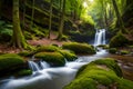 A secluded, moss-covered glen with a trickling stream and ancient stone ruins hidden within