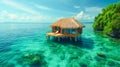 Secluded Overwater Hut in Serene Tropics. A solitary overwater hut with a thatched roof in the clear tropical waters