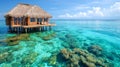 Secluded Overwater Hut in Serene Tropics. A solitary overwater hut with a thatched roof in the clear tropical waters