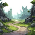 Secluded path in wooded gorge. Mysterious dirt road among mountains covered with green vegetation vector illustration Royalty Free Stock Photo