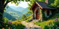 Secluded stone cottage on a verdant hillside path with a panoramic mountain view. Generative AI Royalty Free Stock Photo