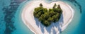 Secluded tropical heart-shaped island with white palm trees and sand