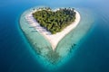 Secluded tropical heart-shaped island with white palm trees and sand