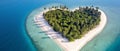 Secluded tropical heart-shaped island with white palm trees and sand