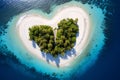 Secluded tropical heart-shaped island with white palm trees and sand