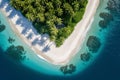 Secluded tropical heart-shaped island with white palm trees and sand