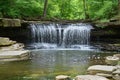 A secluded waterfall cascading into a pool of clear water surrounded Royalty Free Stock Photo
