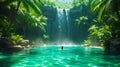 Secluded Waterfall Oasis in a Dense Tropical Forest. Tropical resort natural pool Royalty Free Stock Photo