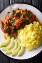 Seco de chivoÃ¯Â¿Â½is goat stew with yellow rice and avocado close-up