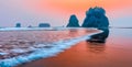 Second Beach sunset threw forest fire smoke in La Push, Washington state, Olympic coast Royalty Free Stock Photo