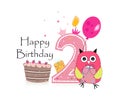 Second birthday greeting card. Cute owl, balloon and birthday cake vector background Royalty Free Stock Photo