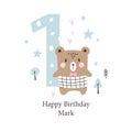 Second birthday greetings card with a cute bear. Kids party with animals. Vector