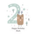 Second birthday greetings card with a cute deer. Kids party with animals. Vector