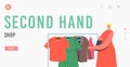 Second Hand Shop Landing Page Template. Female Character Choose Clothes to Buy during Outdoor Garage Sale