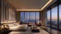 The second image displays a modern and sleek bedroom with floortoceiling smart glass windows. The windows are set to